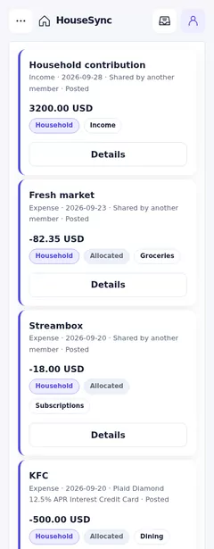HouseSync household feed on a phone, showing shared entries with allocations